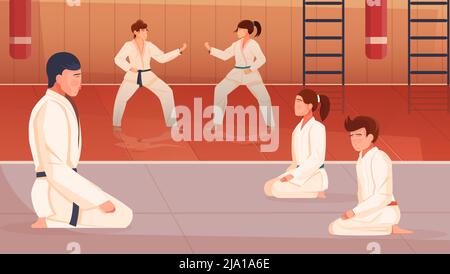 Martial arts flat background with trainer and kids doing exercises in gym vector illustration Stock Vector