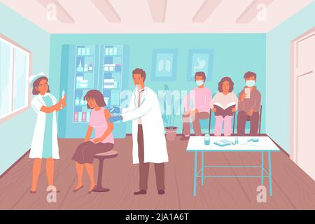Doctors giving injections men and women waiting for their turn during vaccination flat vector illustration Stock Vector