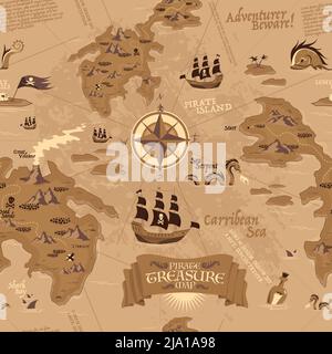 Vintage seamless pattern showing map for treasure search with pirate sailboats and islands in carribean sea vector illustration Stock Vector