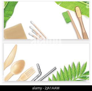 Eco friendly bath and kitchen supplies with utensils toothbrushes soap ear sticks horizontal banners set realistic isolated vector illustration Stock Vector