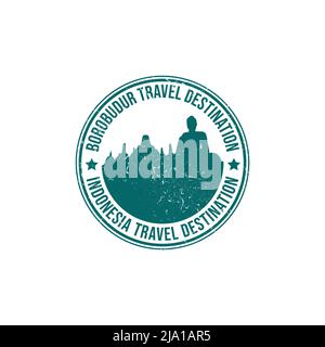 Grunge rubber stamp with the text Borobudur travel destination written inside the stamp. Time to travel. Silhouette borobudur temple indonesia histori Stock Vector