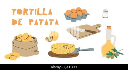 Spanish potato omelette ingredients - tortilla de patata. Olive oil, onions, potatoes, eggs, cutting board and knife. Vector illustration on a white Stock Vector