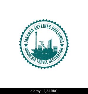 Grunge rubber stamp with the text Jakarta travel destination written inside the stamp. Time to travel. Jakarta skylines and national monument or monas Stock Vector