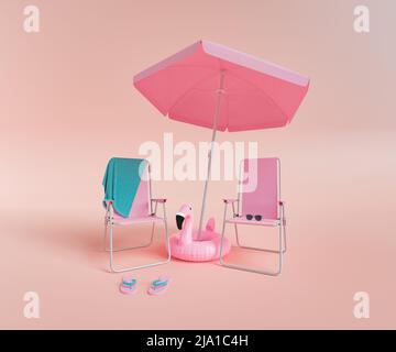 pink monochromatic scene of two folding chairs with sunshade and a flamingo float in the center on a studio background. 3d rendering Stock Photo