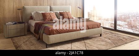 Modern scandinavian and Japandi style bedroom interior design with bed terracotta color, wood panels on wall and floor. 3d render illustration. Stock Photo