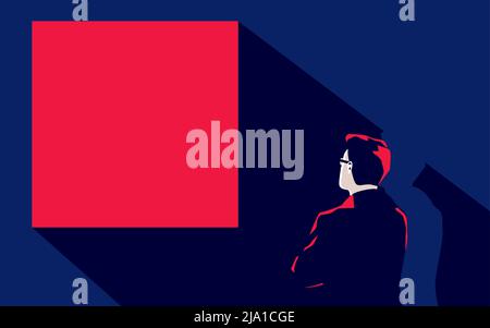 The man looks at the colored square. There is space for text Stock Vector