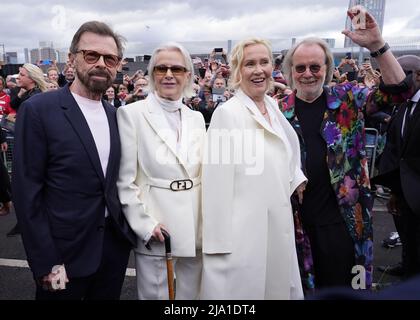 (L to R) Bjorn Ulvaeus, Anni-Frid Lyngstad, Agnetha Faltskog and Benny Andersson attending the Abba Voyage digital concert launch at the ABBA Arena, Queen Elizabeth Olympic Park, east London. Picture date: Thursday May 26, 2022. Stock Photo