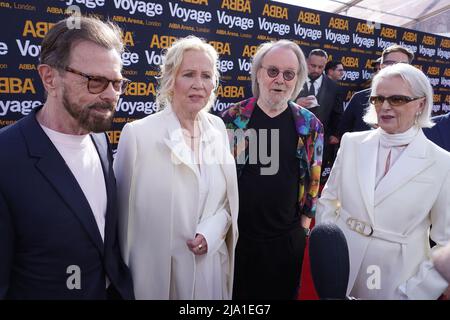 (L to R) Bjorn Ulvaeus, Agnetha Faltskog, Benny Andersson and Anni-Frid Lyngstad attending the Abba Voyage digital concert launch at the ABBA Arena, Queen Elizabeth Olympic Park, east London. Picture date: Thursday May 26, 2022. Stock Photo