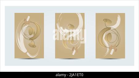 3 Abstract Designs Contemporary Art Circle Bubble Doodles Hand Drawn Card Postcard Gold Sand Ivory Colors Stock Vector