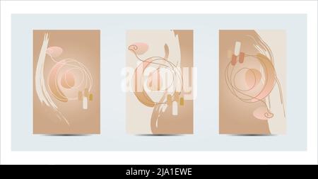 3 Abstract Designs Contemporary Art Circle Bubble Doodles Hand Drawn Card Postcard Gold Sand Ivory Blush Colors Stock Vector