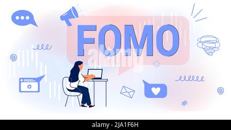 FOMO Fear of missing out Vector illustration concept Social anxiety cause and symptom Pervasive apprehension Afraid absent regrets Law of attraction P Stock Vector