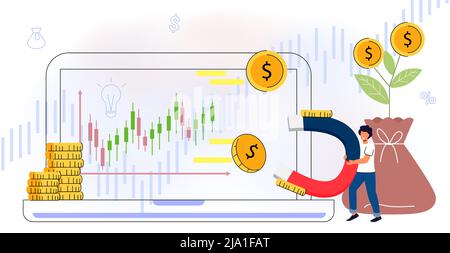 Monetization concept Flat tiny persons vector illustration Online e-commerce marketer analyzing blog content and generating income with ad placements Stock Vector