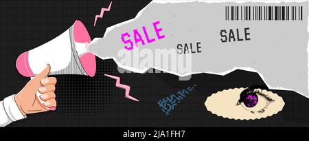 Collage grunge banner Vintage pop art poster design Loudspeaker announcing crazy promotions sale Torned craft notebook shapes with pattern vector illu Stock Vector