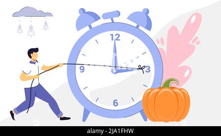 Fall Back with graphic alarm and schedule to set the clock back one hour Daylight saving time and change clock to one hour back tiny person concept. W Stock Vector