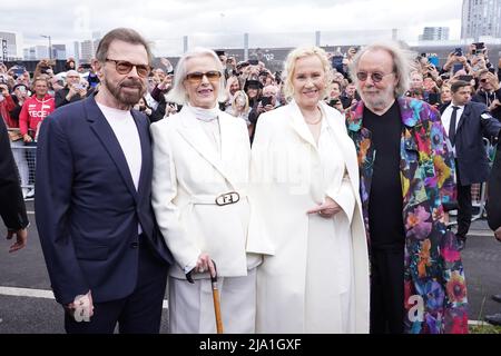 (L to R) Bjorn Ulvaeus, Anni-Frid Lyngstad, Agnetha Faltskog and Benny Andersson attending the Abba Voyage digital concert launch at the ABBA Arena, Queen Elizabeth Olympic Park, east London. Picture date: Thursday May 26, 2022. Stock Photo