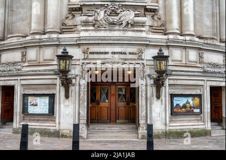 London, UK- May 3, 2022: The entrance for Methodist Central Hall Westminster in London Stock Photo
