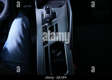 Automatic gearbox lever; Automatic transmission gear shift stick; Close-up view Stock Photo