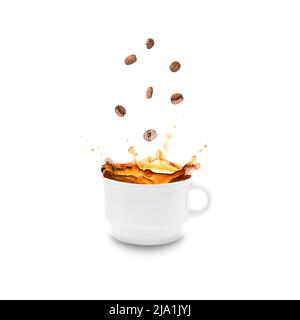 Coffee is poured from a cup with splashes and coffee beans on a white background. Stock Photo