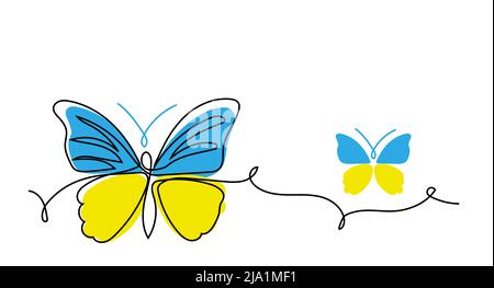 Butterfly vector line illustration. One line art drawing of butterfly with colors of ukrainian flag blue and yellow Stock Vector