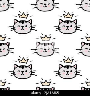 Black cat seamless pattern. Meow and cat paws background vector illustration. Cute cartoon pastel character for nursery girl baby print. Stock Vector