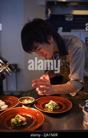 Enuma Station, in Kaga, a great restaurant run by chef Kuchide Kayuzuki and his wife. Stock Photo