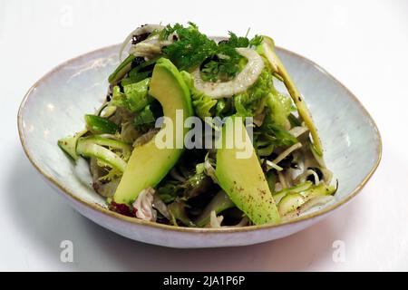 mediterranean style fresh mixed vegetable salad, with avocado, fennel slice and mixed fresh lettuce Stock Photo