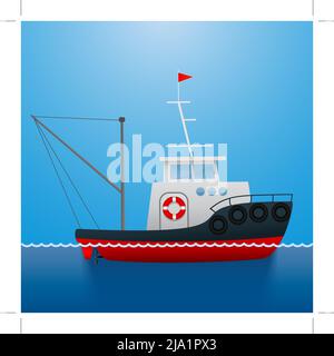 Tugboat. Fisherman ship. Cartoon style. Funny picture Vector illustration Stock Vector