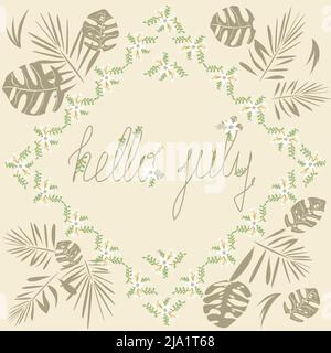 banner Hello, July in a frame of white flowers on a light background Stock Vector
