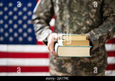 Young Student Soldier In Uniform. Veteran Study Stock Photo