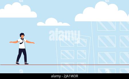Taking risk concept for success Man walking on tight rope symbol vector illustration Business risk and challenge in career path Business project deadl Stock Vector
