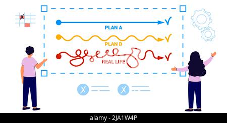 Plan B concept Smooth route A and rough B vs messy real life Business team choosing plan A or plan B direction Business strategy. Vector illustration Stock Vector