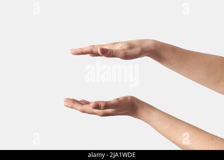 Two female open hands gesturing on white. Stock Photo