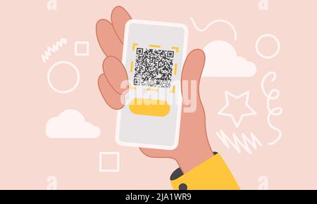 Hand with phone qr code and technology digital mobile business. Scan application smartphone vector illustration and communication internet. Datum scan Stock Vector