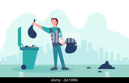 Man throwing out waste and recycling garbage. Rubbish trash bin and environment clean vector illustration. Ecology basket recycle and dump pollution e Stock Vector