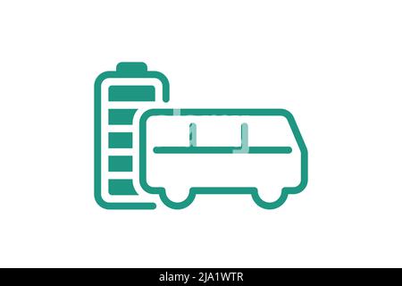 Electric bus with fully charged battery energy indicator green linear icon. Electrical city passenger transport accumulator charger symbol. Electro charging auto. Eco friendly vehicle recharge sign Stock Vector