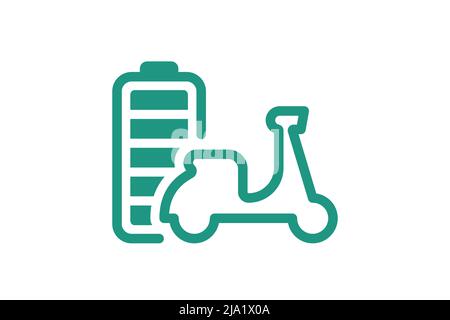 Electric scooter fully charged battery energy indicator green linear icon. Electrical transportation moped accumulator charger symbol. Electro charging motorbike. Eco friendly transport recharge sign Stock Vector