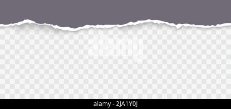Piece of torn gray horizontal paper with soft shadow stuck on transparent background. Realistic vector illustration of paper texture Stock Vector