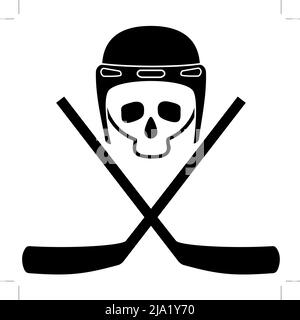 Skull in helmet and crossed hockey sticks. Black and white icon. White background. Isolated objects. Vector illustration Stock Vector