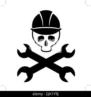 Black and white picture of skull in construction helmet with crossed wrenches. Icon skull. Isolated. Vector illustration Stock Vector