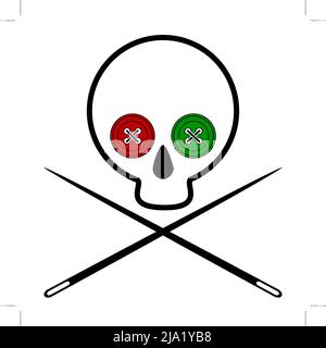 Icon skull voodoo. Skull with eye sockets sewn into place with colored buttons. Crossed needle. White background. Isolated. Vector illustration Stock Vector