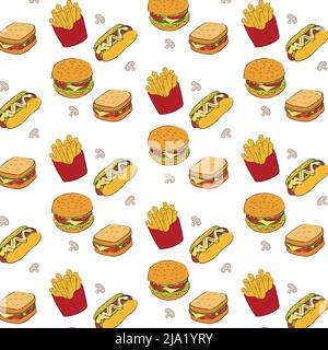 fast food seamless pattern . hamburgers, French fries, hot dogs,pizzas ,a glass of drink.vector illustration Stock Vector