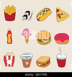 a set of fast food products. french fries,rolls,hot dog,pizza slice,ketchup bottle,ice cream,hamburger,donut,popcorn,coffee,sandwich,drink on beige ba Stock Vector