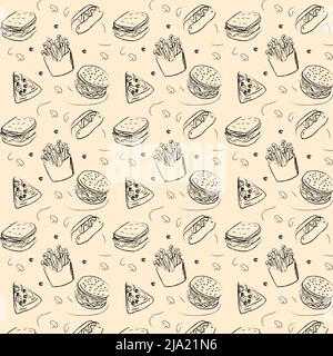 fast food pattern . hand-drawn hamburgers, French fries, hot dogs,pizzas and a plastic cup of drink.vector illustration Stock Vector