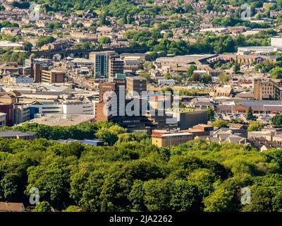 Aerial view of Huddersfield town seen from Castle Hill. West Yorkshire. UK Stock Photo