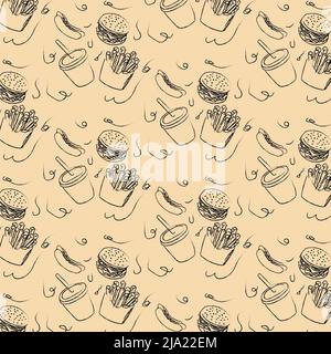 fast food pattern . hand-drawn hamburgers, French fries, hot dogs and a plastic cup of drink.vector illustration Stock Vector