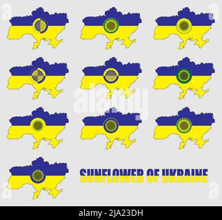 Set of sunflower icons on the map of Ukraine in the colors of the national flag. The inscription Sunflower of Ukraine. Illustration. Stock Photo