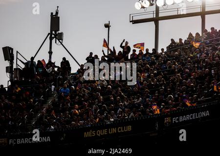 BARCELONA - APR 22: Fans waving flags during the UEFA Women's Champions League match between FC Barcelona and VfL Wolfsburg at the Camp Nou Stadium on Stock Photo