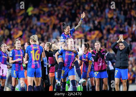 BARCELONA - APR 22: Barcelona players celebrate after the UEFA Women's Champions League match between FC Barcelona and VfL Wolfsburg at the Camp Nou S Stock Photo