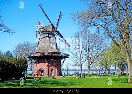 Windmill, two-storey gallery holland, open-air museum, Bad Zwischenahn spa gardens, Ammerland, Lower Saxony, Germany Stock Photo