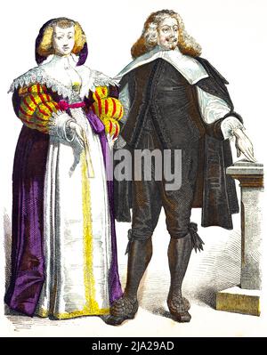 Munich illustrated broadsheet, costumes, Germany, early 17th century, German noblemen, elegant, robe, portrait, colour historical illustration 1890 Stock Photo